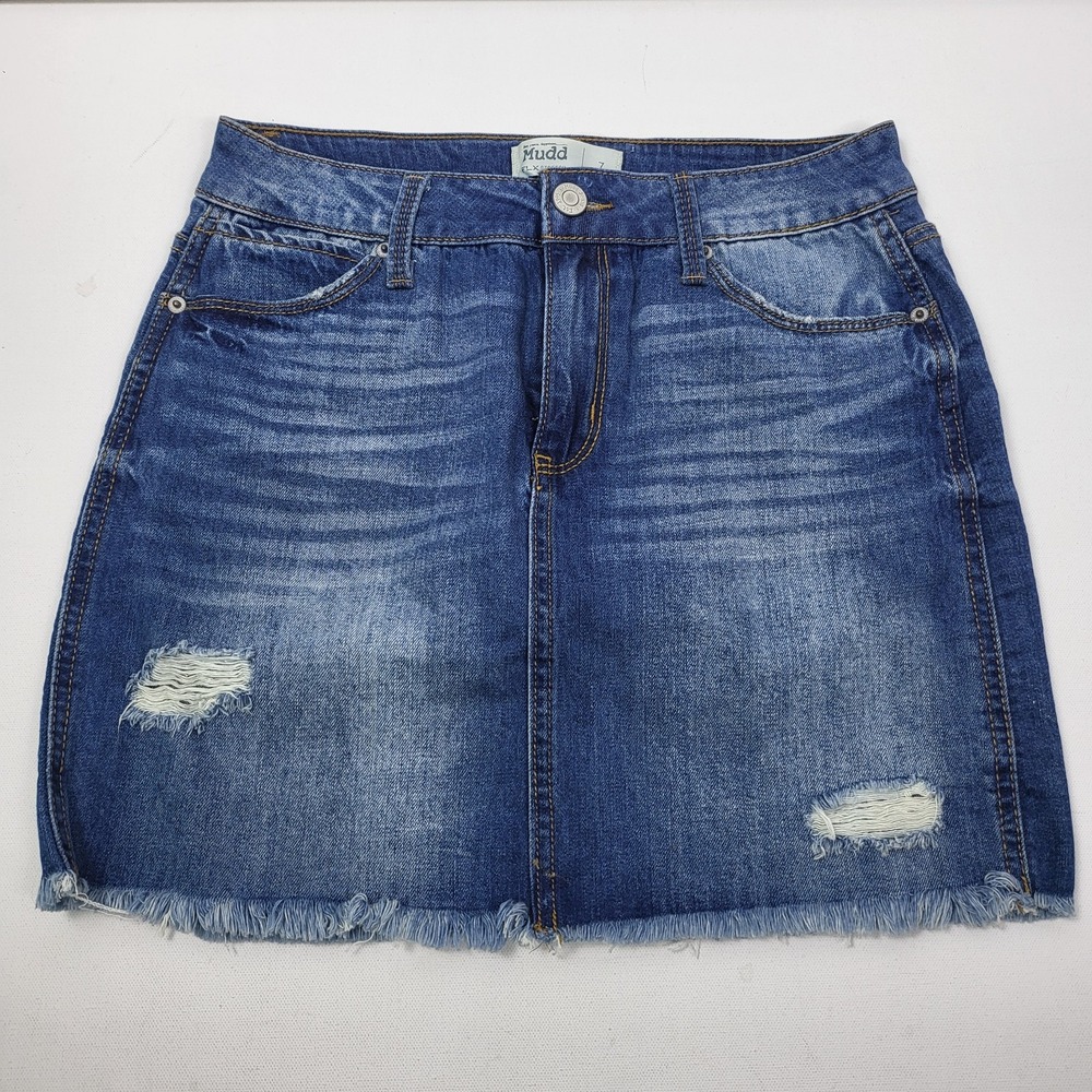 Mudd FLX Women Junior SZ 7 Blue Denim Mini‎ Skirt Distressed Mid Rise Raw Hem